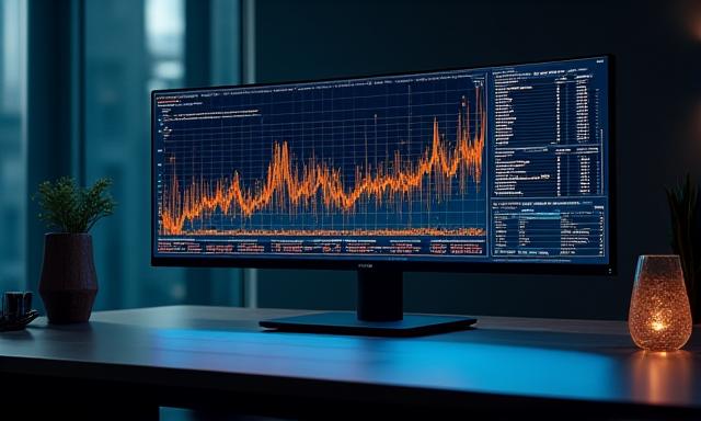 A sleek office monitor displaying live updating data streams and graphs
